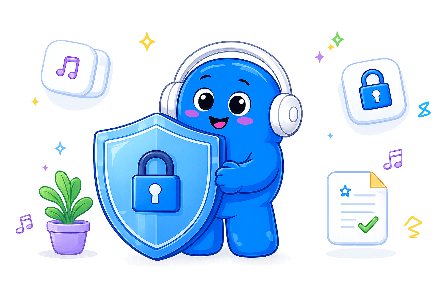 Sound Mod mascot with headphones and a shield, surrounded by privacy and music icons