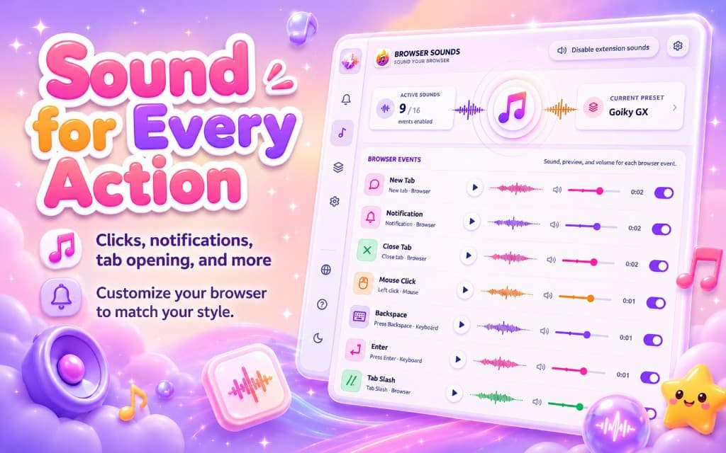 Browser events list in Custom Sound for Browser extension settings