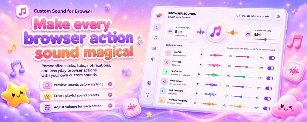 Custom Sound for Browser extension dashboard showing sound events for tabs, clicks, and notifications